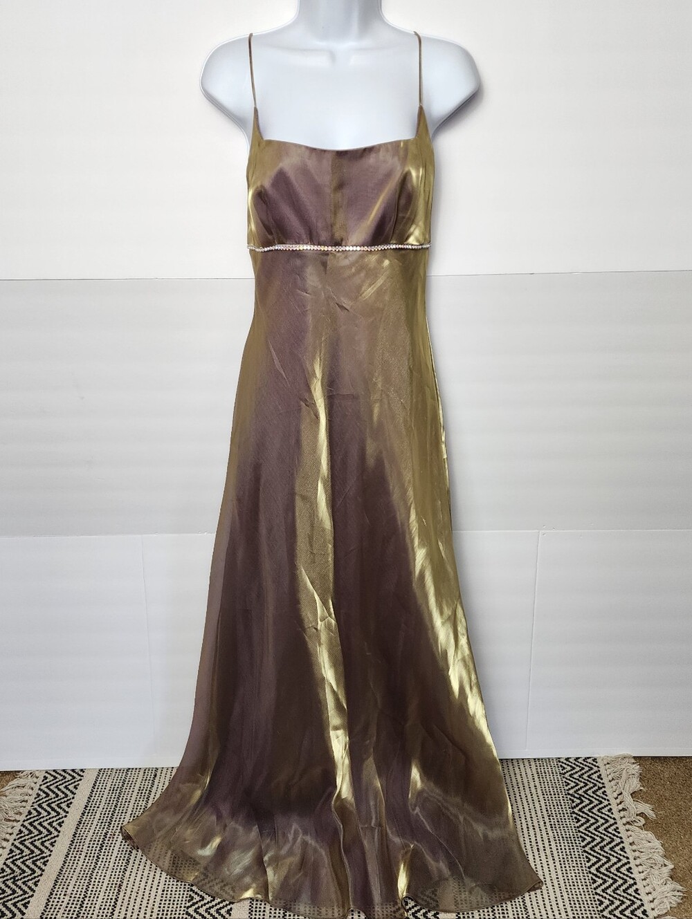 Y2K Faviana Iridescent Maxi Dress Sz 10 Empire Rhinestone VTG Whimsigoth Fairy